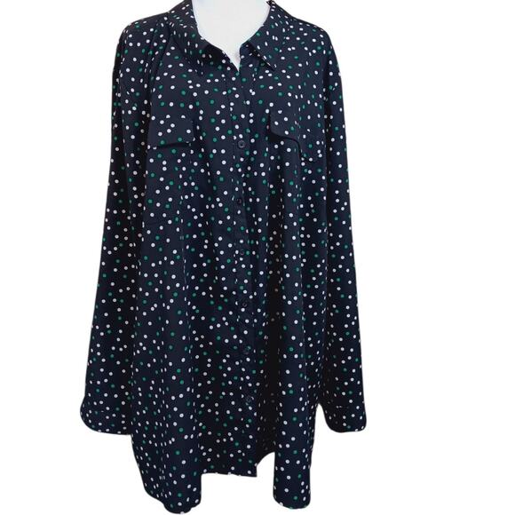 CATHERINES Blouse Top 5X Black Green White Polka Dot Career Office Dressy Casual - Picture 5 of 10